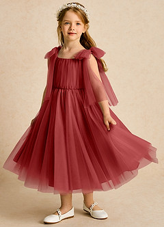Azazie Dori Robe Demoiselle D'honneur Fillette Robe Trapèze en Tulle Rayé Rouille image5
