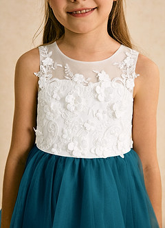 Azazie Lina Flower Girl Dresses Ivory Ink Blue Ball-Gown Lace Dress image8