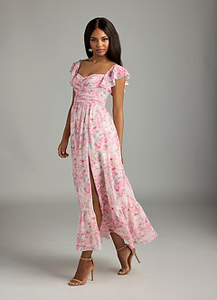Azazie Anaya Bridesmaid Dresses Abstract Watercolor Floral A-Line Pleated Chiffon Dress image5