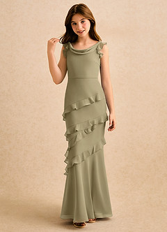Azazie Aria Girls Formal vestidos de niña de las flores Vestido de Musgo Verde de Gasa de Corte Sirena con Volante image4