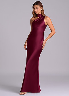 Azazie Seona Bridesmaid Dresses Burgundy Mermaid One Shoulder Stretch Satin Dress image6