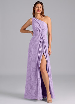Azazie Brooke Bridesmaid Dresses Lilac A-Line One Shoulder Floral Burnout Dress image3