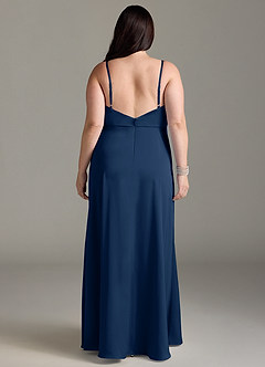 Azazie Brielle Robes de demoiselle d'honneur Robe Trapèze en Satin extensible Bretelles spaghetti Bleu Marine Foncé image7