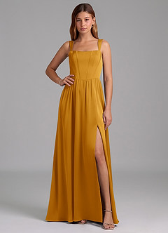 Azazie Rosaline Bridesmaid Dresses Butterscotch A-Line Side Slit Stretch Satin Dress image1