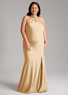 Azazie Lorena Robes de demoiselle d'honneur Robe Sirène en Satin extensible Plissée Or image3