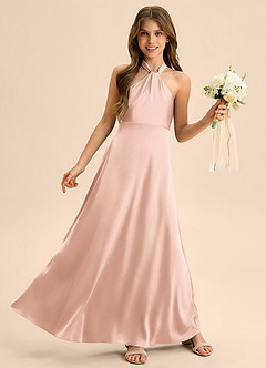 Azazie Beah Junior Rose Gold A-Line Pleated Stretch Satin Dress image5