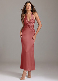 Azazie Valerie 신부 들러리 드레스 인어 주름진 스트레치 새틴 발목 길이 드레스 image1