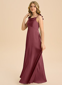 Azazie Gumdrop Junior imperium Plisseret Stræk satin Gulv-længde Junior brudepige Kjole image5