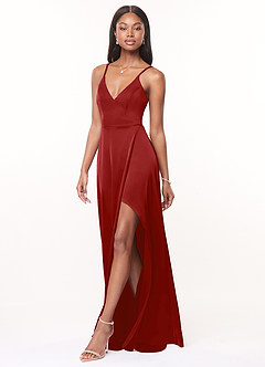 Azazie Maksim Robes de demoiselle d'honneur Robe Trapèze en Satin extensible Col en V Grenade image4