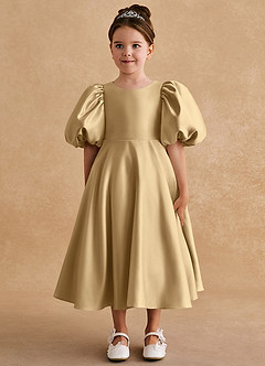 Azazie Sugarplum Flower Girl Dresses Gold A-Line with Sleeves Matte Satin Dress image3