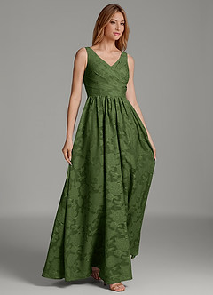 Azazie Keyla Bridesmaid Dresses Olive A-Line Pleated Floral Burnout Dress image4