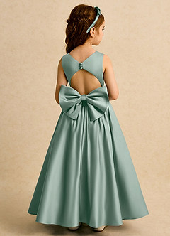 Azazie Nellia Blumenmädchenkleider A-Linie Schleifen Matte Satin Kleid Silberner Salbei image1
