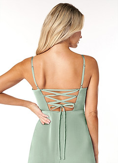Azazie Marchella Robes de demoiselle d'honneur Robe Trapèze en Satin extensible Corset Agave image3
