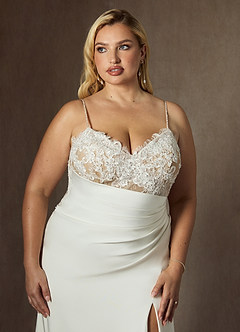Azazie Nyx Robes de mariée Robe Sirène en Satin extensible Col V à paillettes Diamant Nude image12