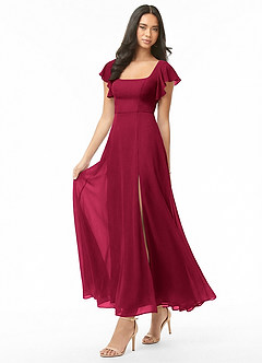 Azazie Bondi Bridesmaid Dresses Burgundy A-Line Ruched Chiffon Dress image3