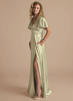 Azazie Kimber Bridesmaid Dresses Moss Green A-Line Ruched Metallic Satin Dress image3