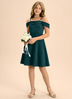 Azazie Anselie Junior A라인 주름진 스트레치 새틴 미니 주니어 신부 들러리 드레스 image1