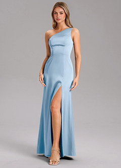 Azazie Phaedra Bridesmaid Dresses Powder Blue A-Line One Shoulder Stretch Satin Dress image12