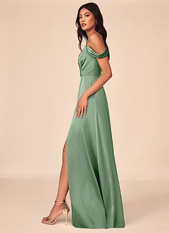 Azazie Ocean Brautjungfernkleider A-Linie V-Hals Gefaltet Stretch-Satin Kleid Matcha image3