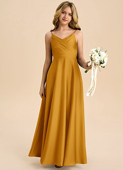 Azazie Bug Junior Butterscotch A-Line Pleated Stretch Satin Dress image6