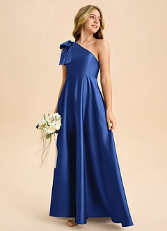 Azazie Penguin Junior Abito A-Line in Raso Elasticizzato Fiocco Blu Reale image6