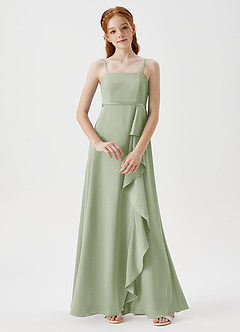 Azazie Kaylee Junior A-Linie Gürtel/Schärpe Stretch-Satin Kleid Staubiger Salbeigrün image1