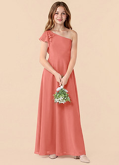 Azazie Arabella Junior Salmon Pink A-Line Ruched Chiffon Dress image1