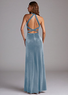 Azazie Clarice Bridesmaid Dresses Dusty Blue A-Line Side Slit Velvet Dress image2