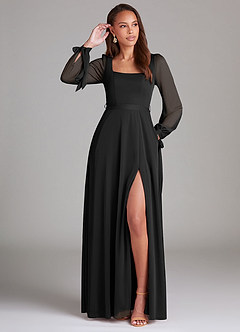 Azazie Leonia Bridesmaid Dresses Black A-Line Long Sleeve Mesh Dress image1