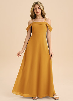 Azazie Anselie Junior Butterscotch A-Line Off the Shoulder Chiffon Dress image1