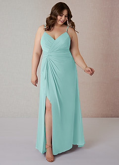 Azazie Emerald Bridesmaid Dresses Aqua A-Line Ruffled Chiffon Dress image7