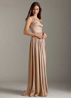Azazie Keyla Bridesmaid Dresses Taupe A-Line Pleated Stretch Satin Dress image5