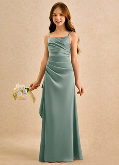 Azazie Cannoli Girls Formal Robe Demoiselle D'honneur Fillette Robe Trapèze en Satin extensible Plissée Sauge D'argent image4