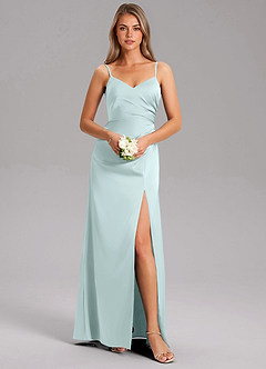 Azazie Azuree Bridesmaid Dresses Sea Glass A-Line Pleated Stretch Satin Dress image3