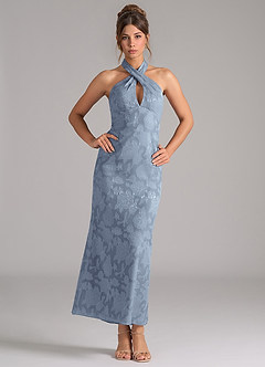 Azazie Marlissa At-home Try On Dresses Dusty Blue Sheath Pleated Floral Burnout Dress image1