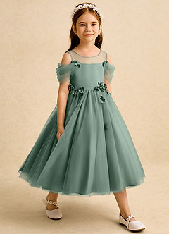 Azazie Juni Flower Girl Dresses Eucalyptus Ball-Gown Pleated Tulle Dress image6