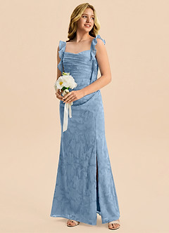 Azazie Jessamine Junior Abito Sirena in Burnout Floreale Scollo a Cuore Azzurro Polvere image4