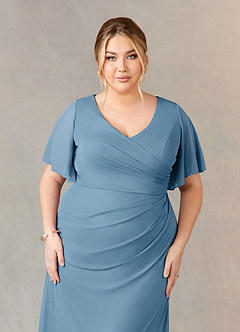 Azazie Selah Mother of the Bride Dresses Steel Blue A-Line V-Neck ruched Mesh Dress image9
