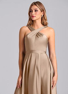 Azazie Dixie Bridesmaid Dresses Taupe A-Line Pleated Stretch Satin Dress image6