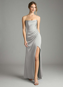 Azazie Leonis Bridesmaid Dresses Silver Mermaid Pleated Stretch Satin Convertible Dress image5