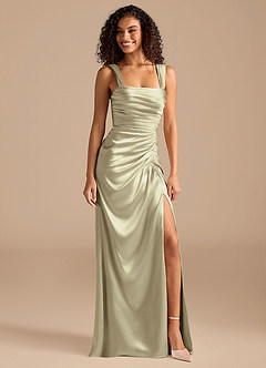 Azazie Jesaphine Bridesmaid Dresses Moss Green Sheath Bow Metallic Satin Dress image1
