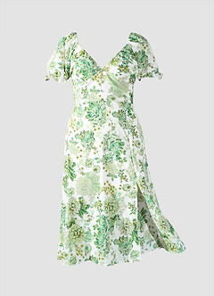Robe Vert Longueur Midi à Imprimé Floral et Manches Bouffantes image6