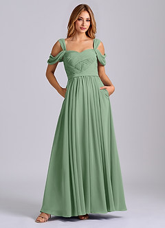 Azazie Koa 신부 들러리 드레스 A라인 오프 더 숄더 쉬폰 바닥 길이 드레스 image1