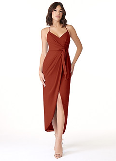 Azazie Ollie Bridesmaid Dresses Rust Sheath Ruched Stretch Chiffon Dress image1