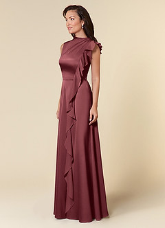 Azazie Narine Mother of the Bride Dresses Merlot A-Line High Neckline Pleated Stretch Satin Dress image2