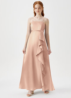 Azazie Kaylee Junior English Rose A-Line with Belt Metallic Satin Dress image3