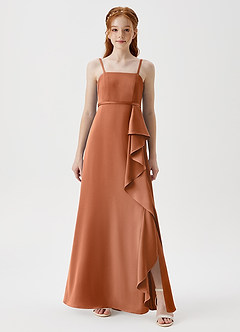 Azazie Kaylee Junior Copper A-Line with Belt Stretch Satin Dress image3