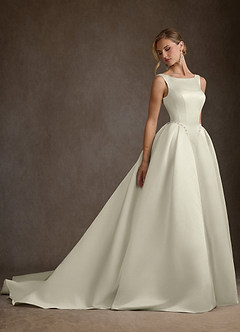 Azazie Odette Wedding Dresses Cream Ball-Gown Boatneck Satin Dress image5