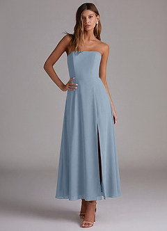 Azazie Wren At-home Try On Dresses Dusty Blue A-Line Strapless Chiffon Dress image5