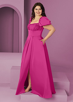 Barbie ♥ Azazie Vestidos de damas de honor Vestido de Fucsia de Satén Elástico de Corte en A con Volante image8